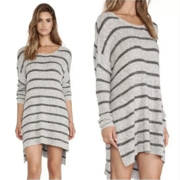 Free People Gray Striped Sweater Tunic High Low Oversized Crewneck Small M L XL - Picture 3 of 14